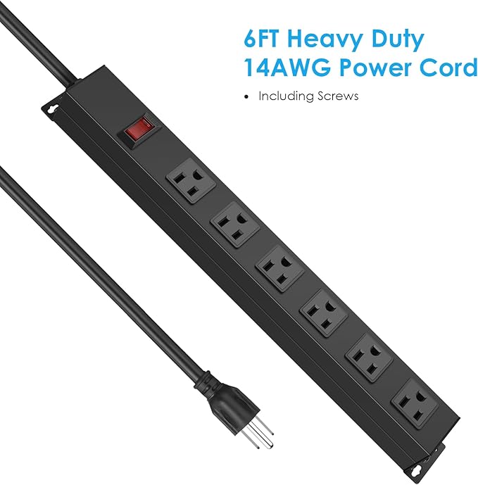 3Pack Metal Wall Mount Power Strip, Mountable Power Outlet with 6 AC Outlets, Aluminum Alloy Mount Power Socket with Switch, 6 FT SJT 3/C 14AWG Power Cord, 15A 125V 1875W (6AC)