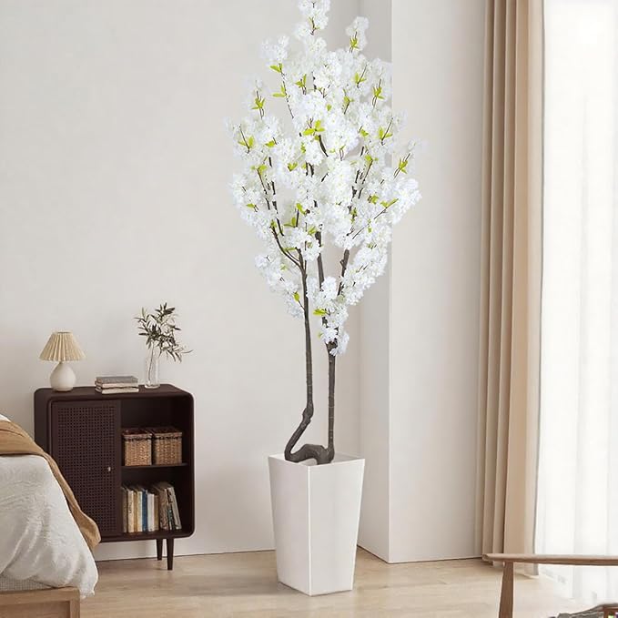 7.2 ft White Artificial Cherry Blossom Tree for Home Decor, Nearly Nature Faux Silk Flower Tree Indoor, Fake Realistic White Flowering Plant for Living Room Wedding Office Decorations