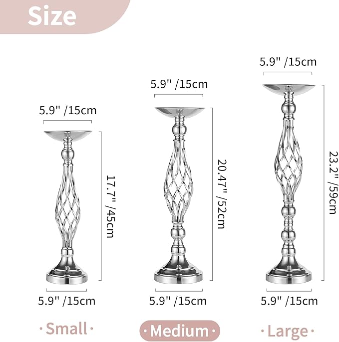 Set of 2 Versatile Silver Flower Arrangement Stand & Pillar Candle Holder Set for Wedding Party Dinner Centerpiece Event Restaurant Hotel Decoration (Silver, 2 x M)