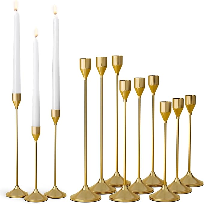 Brass Gold Metal Taper Candle Holder, Vintage Candlestick Holders, Candle Sticks Holder Decor for Wedding Wedding, Dinning, Party, Fits 3/4 inch Thick Candle&Led Candles (Set of 12 Pcs)