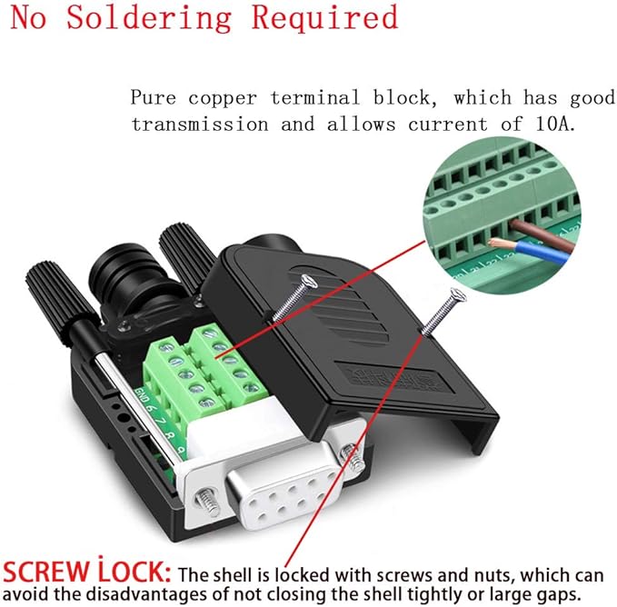 2PCS DB9 Solderless Connector, RS232 D-SUB Serial to 9-Pin Port Terminal Female Adapter Connector Breakout Board with Locking Housing