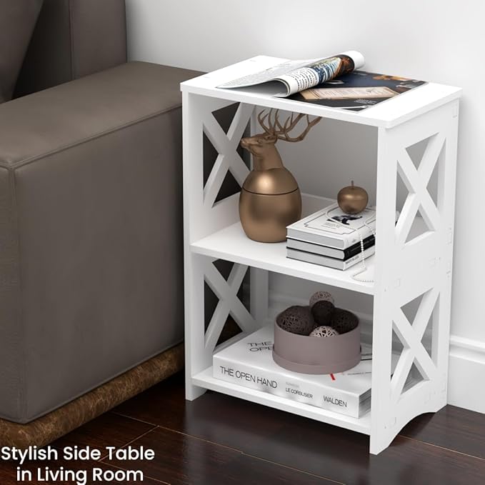 LUCKNOCK Narrow Side Table with Storage, 3-Tier Slim Nightstand for Small Spaces, White Modern End Table, Bedside Table, Bookshelf for Living Room, Bedroom, Bathroom and Office.