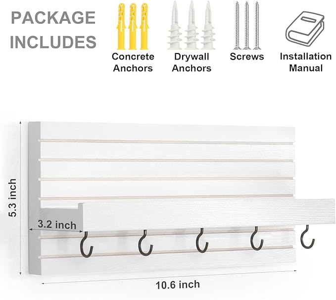 Decorative Key Holder for Wall with Shelf, Entryway Shelf with Hooks Holds Leashes, Jackets and Glasses – Sturdy Wood Keyholder Entrance Hanger with Mounting Hardware (White, Medium)