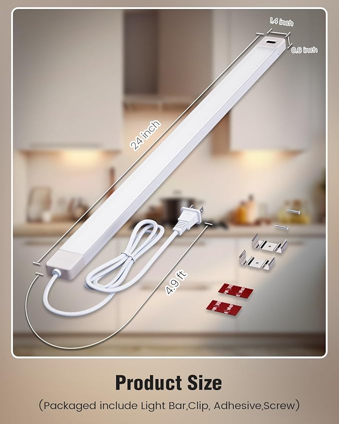 MYPLUS 24 Inch Under Cabinet Lights with Hand Wave, Under Counter Lighting 4000K Natural White,Dimmable,Plug and Play,LED Lights for Kitchen Cabinet, Cupboard, Closet, Desk