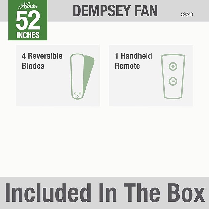 Hunter 52 inch Indoor Ceiling Fan No Light with Remote Control - White Modern Ceiling Fan without Light, Low Profile Mount, 4 Blades, For Bedroom, Living Room, or Kitchen - Dempsey 59248, Fresh White
