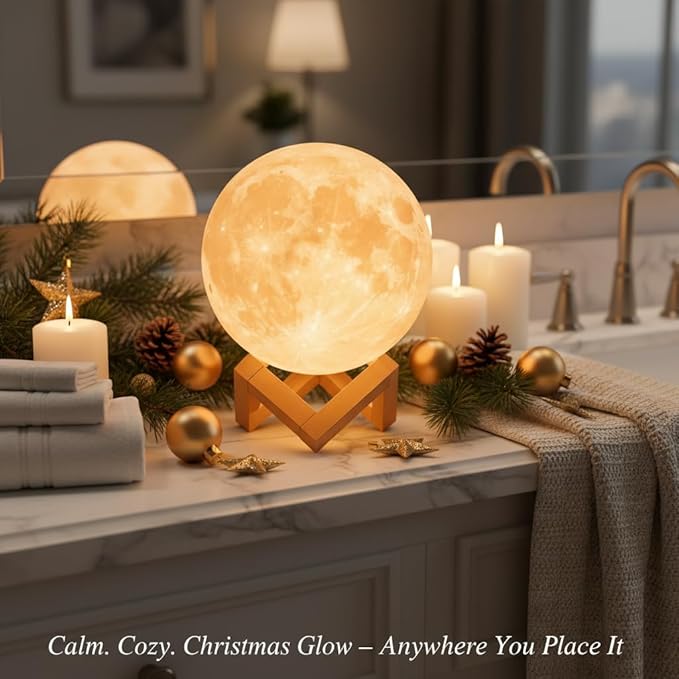 Mydethun Moon Lamp - 3D Printed LED Night Light 4.7' with Wooden Base, White Elephant Gift for Women, Mom, Kids, Christmas Thanksgiving Table Decor Touch-Dimmable & Dual-Color, White & Yellow
