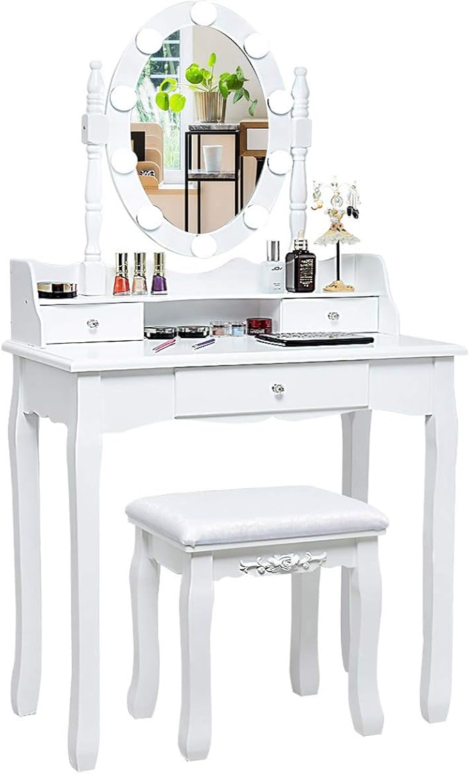 CHARMAID Girls Makeup Vanity Desk with Lights, Vanity Table with Lighted Mirror, 3 Lighting Modes, Adjustable Brightness, Modern Makeup Table with 3 Drawers and Stool for Small Space (White)