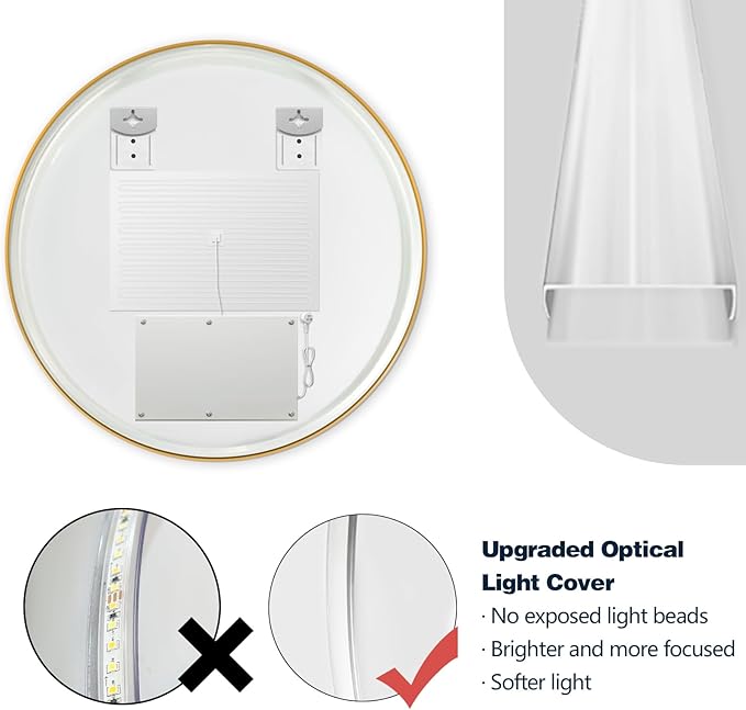 Niccy Round Led Mirror for Bathroom, 24" Backlit Mirror for Wall Circle Lighted Mirror with Gold Frame Anti-Fog, 3 Colors, HD Glass and IP65 Waterproof