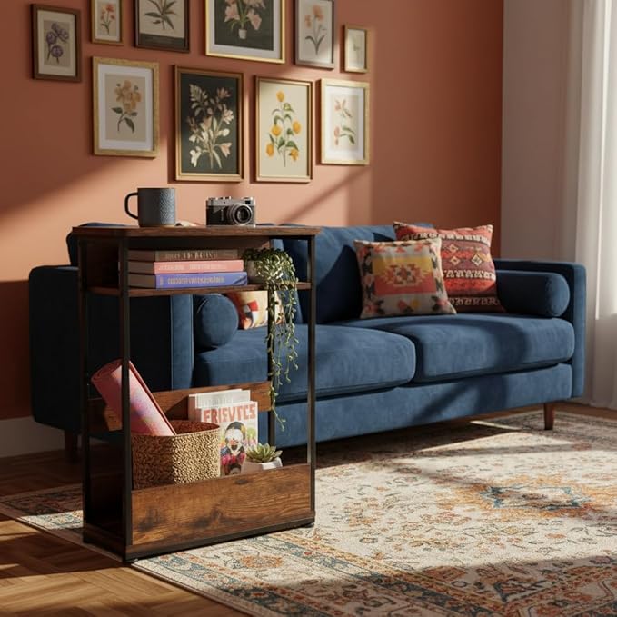Narrow Side Table,3-Tier Slim End Table with Storage Shelf,Modern Sofa Table Thin Side Table for Narrow and Small Spaces, Skinny Bedside Table Small Nightstand with Magazine Rack Space Saving/Brown