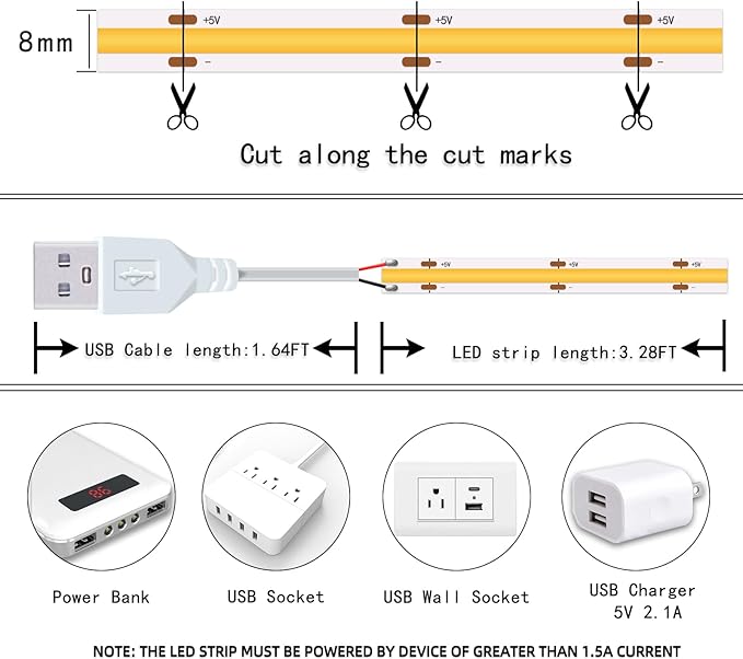 Short Led Strip Lights 5V USB LEDs Display Cabinet Lighting COB LED Strip Light 3000K Warm White Not Dimmable Flexible Small led Lights for DIY Home LED TV Lights Indoor Use (3.28FT/1M)