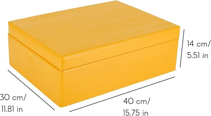 XL Yellow Wooden Box Storage with Hinged Lid | 15.8 x 11.8 x 5.5 inches (+-0.5) | Gift Box for Tool Shoes Clothes Kitchen Storage Document | Wood Keepsake Chest