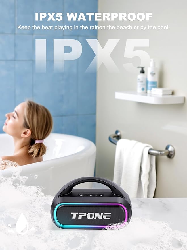 TPone Portable Bluetooth Speaker, 30W Peak, 12H Playtime, IPX5 Waterproof with Light, TWS Pairing, Wireless Speaker for Home/Party/Outdoor/Beach, Birthday Gift (Black)