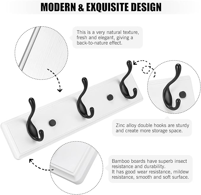 Wooden Coat Rack, Wall-Mounted Organizer for Closet, Entryway, Hallway, Foyer, Bedroom, Heavy Duty Double Hooks for Hanging Towels, Bags, Hats, Jackets, Key (WhiteBlack, 3 Hooks)