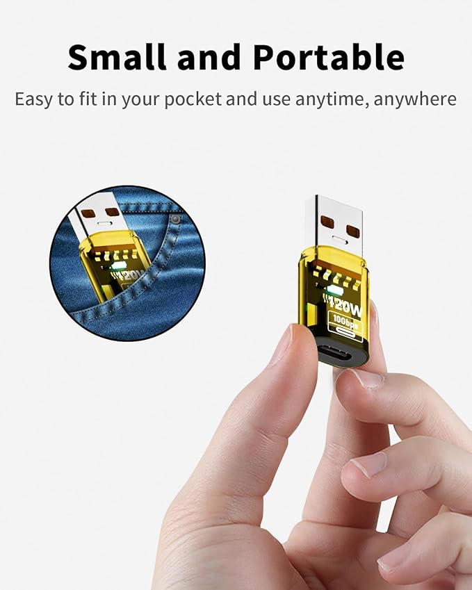 Poyiccot 4Pack 10Gbps USB C Female to USB Male Adapter 120W USB 3.2 Type C to Type A Charger Connector with Double-Side LED Comaptible for iPhone 15 16 Plus Pro Max, Laptop, Charger, Earphone, Yellow