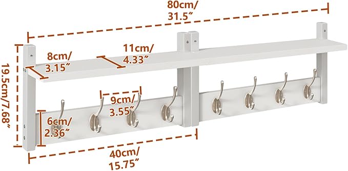YMYNY Coat Rack Shelf Wall Mounted, Coat Hooks Set of 2, Entryway Coat Hanger with 4 Double Hooks, 31.5" Wall Floating Shelf with Hat Rack, for Kitchen, Bedroom, Bathroom, White UHWS001W-2