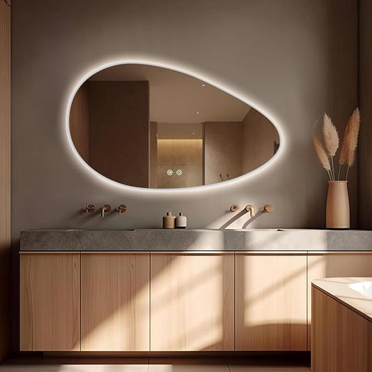 Niccy Irregular LED Bathroom Mirror with Lights, 24"x40" Asymmetrical Backlit-Mirror for Wall Mounted, Bathroom Vanity Mirrors with Memory, Dimmable, 3 Colors, Anti-Fog, IP65 Waterproof