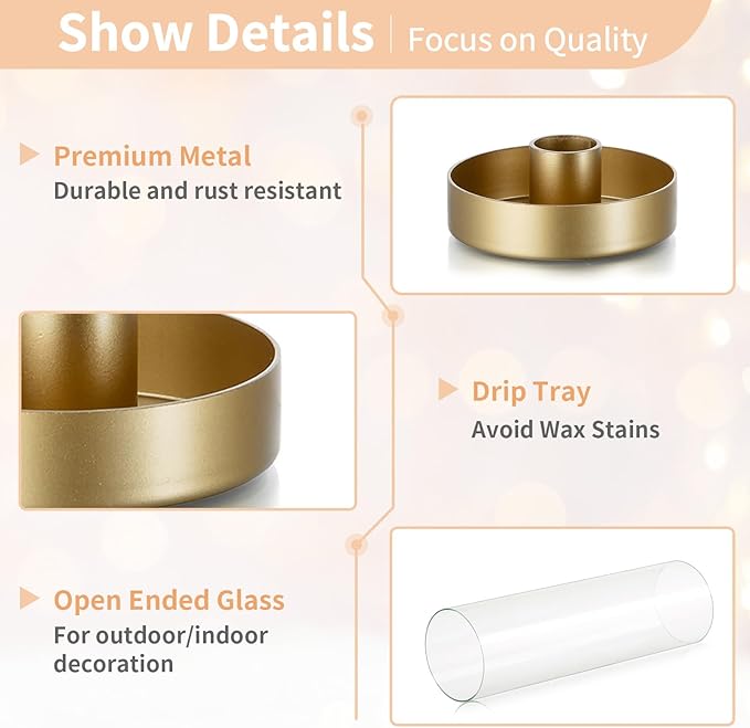 NUPTIO Hurricane Glass Candlestick Holders: 10 Set Bulk Gold Taper Candle Holder Metal Candle Stick Stand with 11.81 inch Tall Windproof Clear Seelves for Outdoor & Indoor Wedding Party Holiday Decor