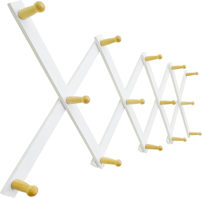 SKOLOO Hat Rack for Wall with 14 Hooks, Solid Wooden, Modern, Expandable Coat Rack Wall Mount for Coats, Hats, Bags, Baseball Caps, Natural on White
