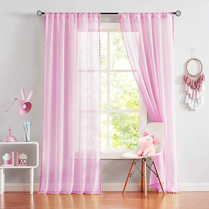 Treatmentex Sheer Curtains for Bedroom Nursery Room Pink 72 inches Long Linen Texture Slub Pom Pom Voile for Windows 52" W x 2 Panels Rod Pocket