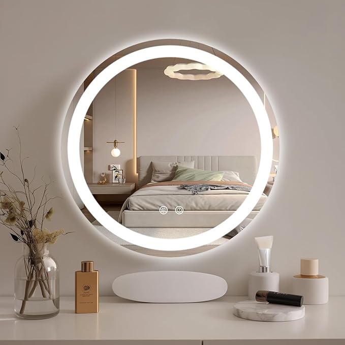 WallBeyond LED Bathroom Mirror with Lights, 20'' Round Light Up Bathroom Mirror for Wall with Front and Backlit, Anti Fog Led Mirror for Bathroom, 3 Colors and Dimmable Light
