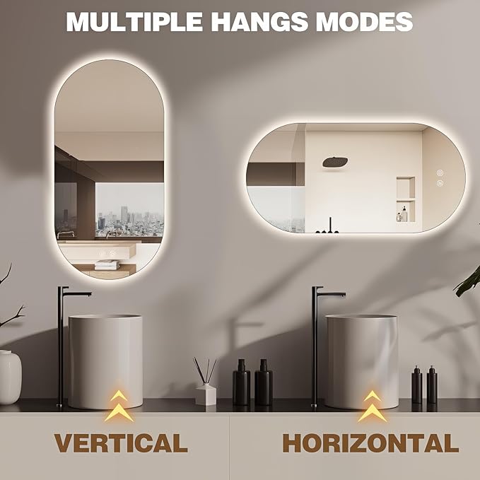 48"x24" Oval Led Mirror for Bathroom, Frameless Vanity Mirror with Lights, Modern Lighted Bathroom Mirror Wall Mounted, Anti Fog Smart Mirror with 3 Colors Dimmable, Vertical/Horizontal