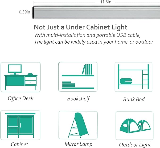 ASOKO Under Cabinet Led Lighting, 12 Inch Light Strip Bar,Daylight White 5000K Dimmable Plug in USB Light, Small Thin Led Under Counter Lighting for Kitchen/Room/Shelf/Desk/Display Case -2Pack