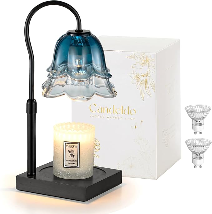 Candle Warmer Lamp with Timer: Navy Blue Flower Candle Warming Lamp with 2 Bulbs Height Adjustable Wax Warmer Dimmable Bedroom Decor Birthday Gift for Women