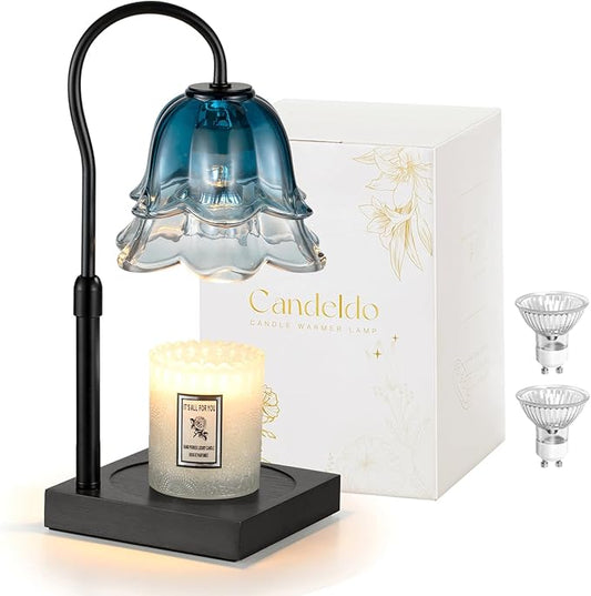 Candle Warmer Lamp with Timer: Navy Blue Flower Candle Warming Lamp with 2 Bulbs Height Adjustable Wax Warmer Dimmable Bedroom Decor Birthday Gift for Women