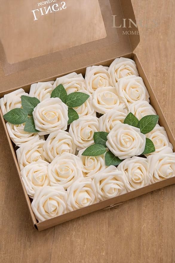 Ling's moment Artificial Flowers 25Pcs Cream Roses Decor w/Stems,3" Real Touch DIY Foam Floral for Wedding Bouquet/Centerpieces, Outdoors Party Backdrop, Room/Table, and Garden/Pot Decorations