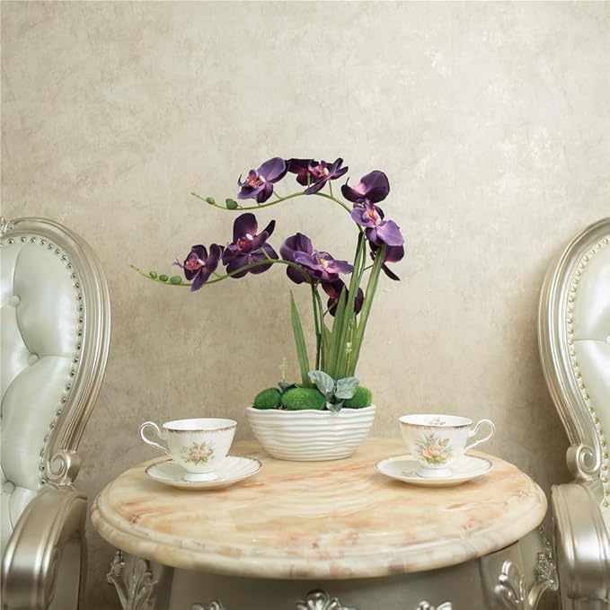 Large Artificial Potted Orchid Plant, Silk Flower Arrangement with Ceramics Vase, Dark Purple
