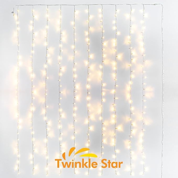 Twinkle Star 300 LED Window Curtain String Light for Christmas Wedding Party Home Garden Bedroom Outdoor Indoor Wall Decorations (Warm White), 2 Pack