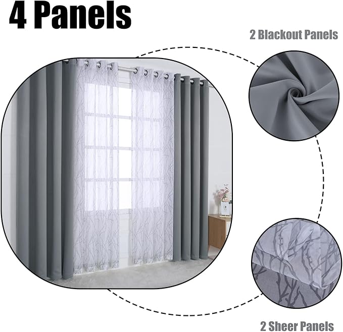 BONZER Mix and Match Curtains - 2 Pieces Branch Print Sheer Curtains and 2 Pieces Blackout Curtains for Bedroom Living Room Grommet Window Drapes, 37x95 Inch/Panel, Light Grey, Set of 4 Panels