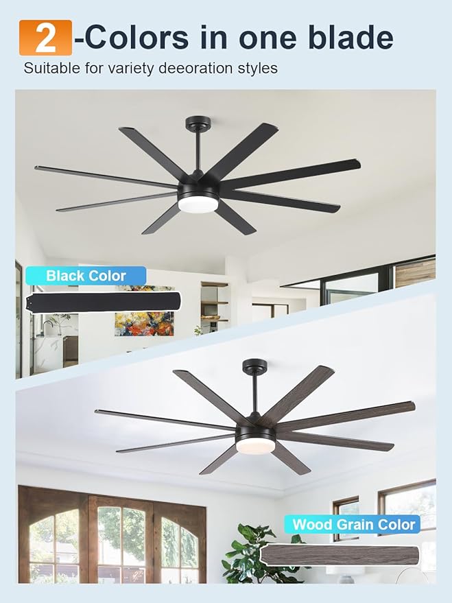 YUHAO 72 Inch Black Ceiling Fan with Light and Remote Control.Noiseless,Dimmable,3CCT,6 Speeds Reversible, DC Ceiling Fans for Indoor or Covered Outdoor