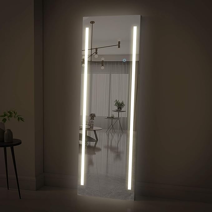 Full Length LED Lighted Free Standing Floor Mirror with ON/OFF Touch Button for Makeup, Dressing in Bedroom & Living Room 19"x59" by Fab Glass and Mirror