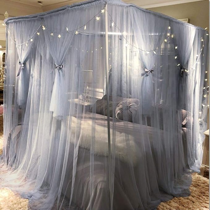 Joyreap 4 Corners Post Canopy Bed Curtain for Girls & Adults - Royal Luxurious Cozy Drape Netting - Cute Princess Bedroom Decoration Accessories (Gray-Blue, King)