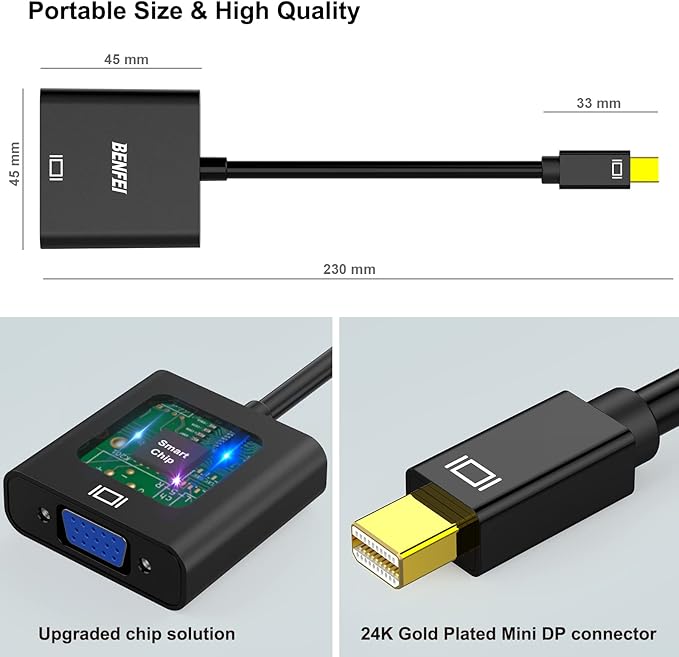 BENFEI Mini DisplayPort to VGA Adapter, Mini DP Display Port to VGA (Thunderbolt Compatible) Male to Female Adapter for ThinkPad SurfacePro PC