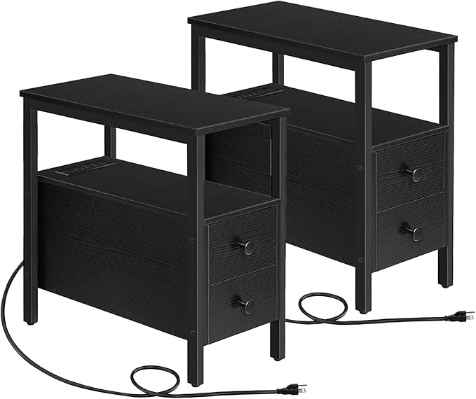 HOOBRO Set of 2 End Tables with Charging Station, Narrow Side Table with Drawers & USB Port & Power Outlets, Nightstand for Small Spaces, Living Room, Stable and Sturdy, Black BK541BZP201