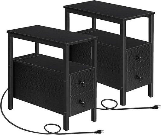 HOOBRO Set of 2 End Tables with Charging Station, Narrow Side Table with Drawers & USB Port & Power Outlets, Nightstand for Small Spaces, Living Room, Stable and Sturdy, Black BK541BZP201