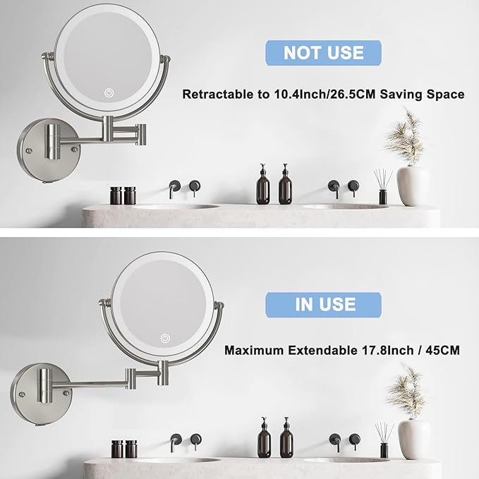 Wall Mounted Lighted Makeup Vanity Mirror with Magnification, 8 Inch Double Sides 10X Magnifying Bathroom Mirror 3 Color Lighting Touch Dimming, Extended Arm Shaving Mirror Hard Wired, Brushed Nickel