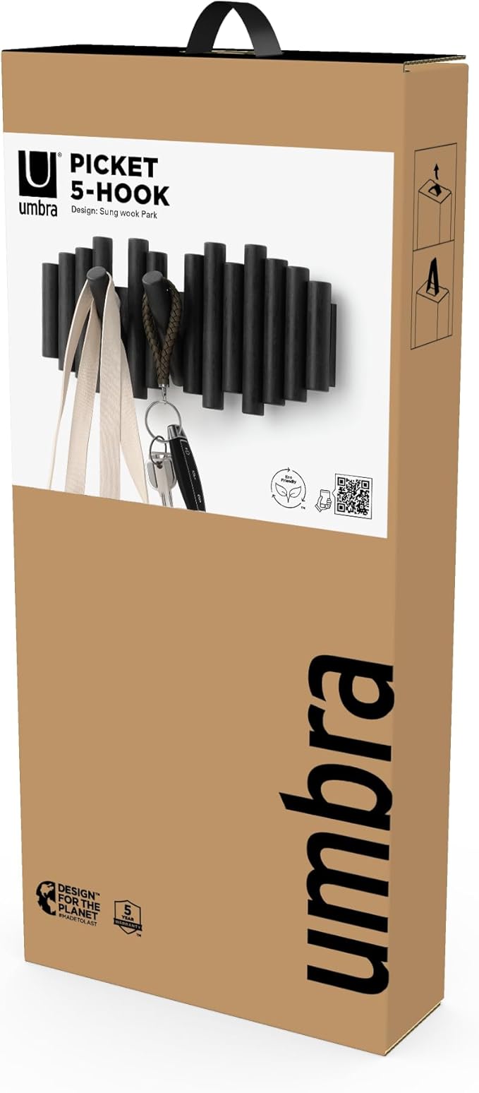 Umbra Picket Rail Hook for Entryways, Black (Pack of 3)