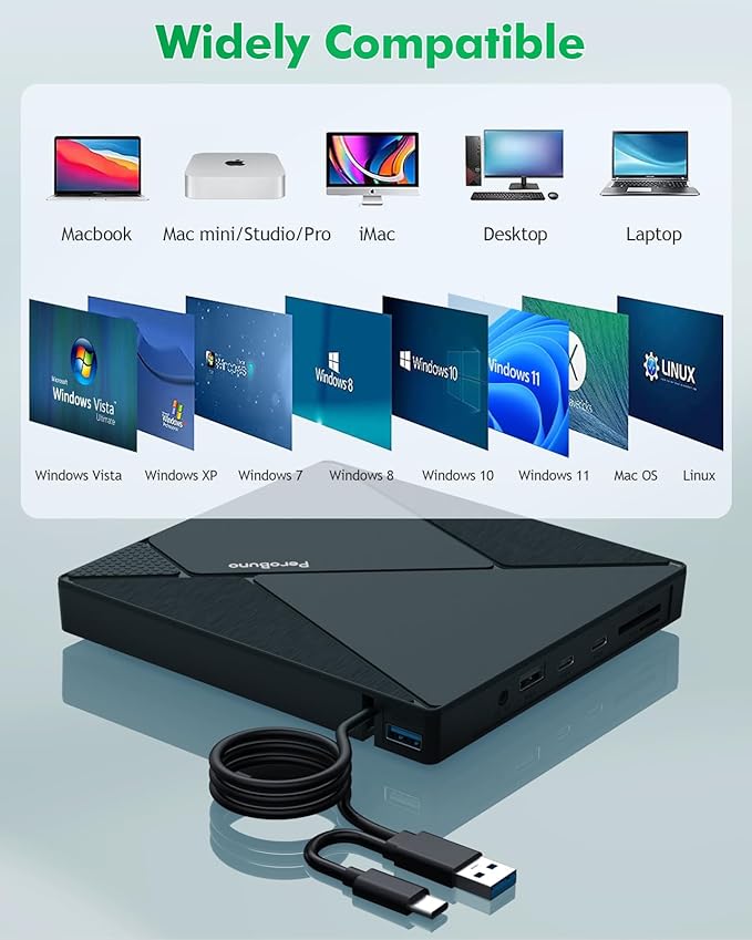 PeroBuno External CD DVD Drive, USB 3.0 Optical Disc Drive, 4 USB Ports and 2 TF/SD Card Slots, CD DVD Burner Writer Reader Player for Laptop MacBook iMac Desktop PC Windows 11/10/8/7/XP Linux Mac OS