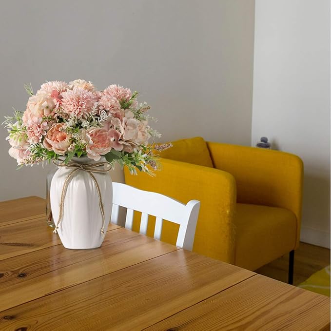 Peonies Artificial Flowers in Vase, Fake Hydrangea Silk Peony Flower Bouquet with Vase Faux Flowers Arrangement Decor Home Table Dining Room (Pink)