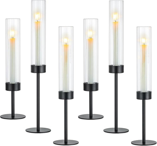 Hewory Black Taper Candle Holders: Candlestick Holders Set of 6 Hurricane Glass Tall Candle Holder for Candlesticks Candle Sticks Holder Decor for Table Centerpiece Wedding Party Christmas Decorations