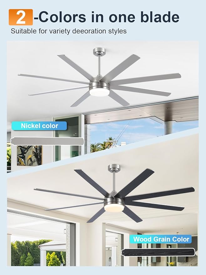YUHAO 72 Inch Brushed Nickel Ceiling Fan with Light and Remote Control.Noiseless,Dimmable,3CCT,6 Speeds Reversible, DC Ceiling Fans for Indoor or Covered Outdoor