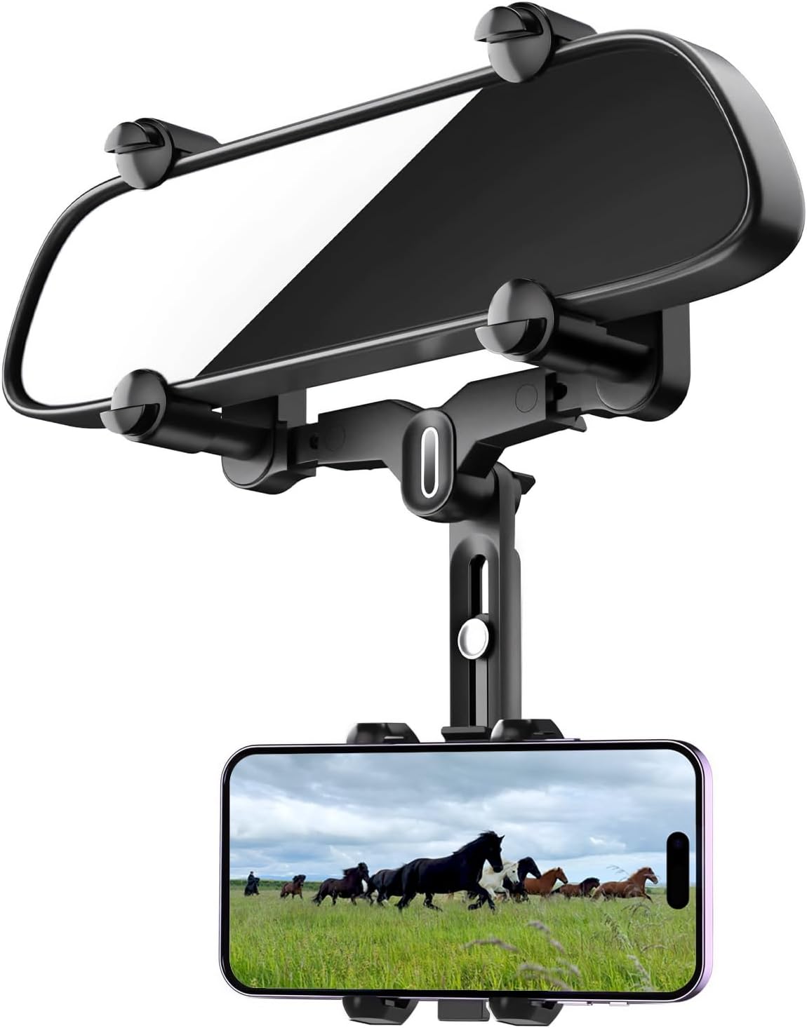 Rear View Mirror Phone Holder - Rotatable and Retractable Mount for iPhone Google Samsung 4-7IN Cell Phones