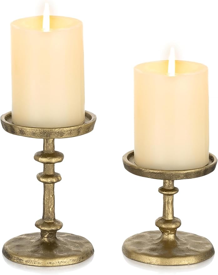NUPTIO Gold Candle Holders for Pillar: Antique Brass Cast Iron Candleholder for 3 Inch Pillars -Heavy Metal Candle Stand for Christmas Party Table Decor