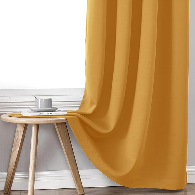ChrisDowa 100% Blackout Curtains for Bedroom with Black Liner, 2 Thick Layers Total Blackout Thermal Insulated Grommet Small Window Curtains 2 Panels Set (Mustard Yellow, 42 x 45 Inch)