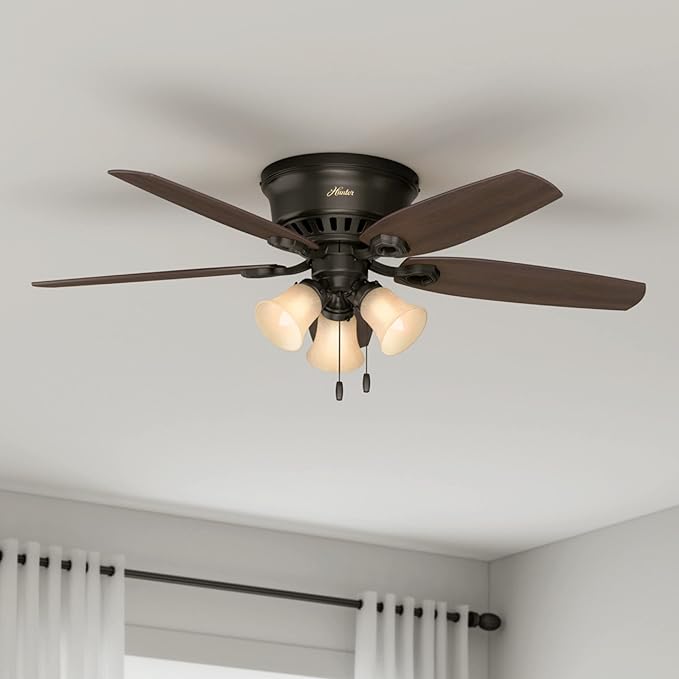Hunter 52 inch Indoor Ceiling Fan with LED Lights - Bronze Ceiling Fan with Pull Chain, For Bedroom, Living Room, or Kitchen, Low Profile Mount, No Remote, 5 Blades - Builder 53327, New Bronze