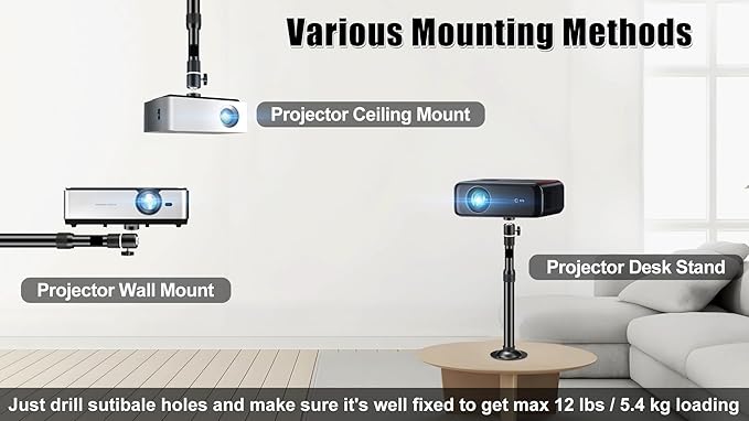 2-Be-Best Projector Ceiling Mount Length 12-18 in / 31-45 cm Projector Mount 360° Rotatable Projectors Holder Adjustable Bracket for Projectors Upgraded Black