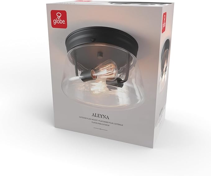 GLOBE Electric 44777 Aleyna 2-Light Outdoor Flush Mount Ceiling Light, Matte Black, Clear Glass Shade, Bulb Not Included